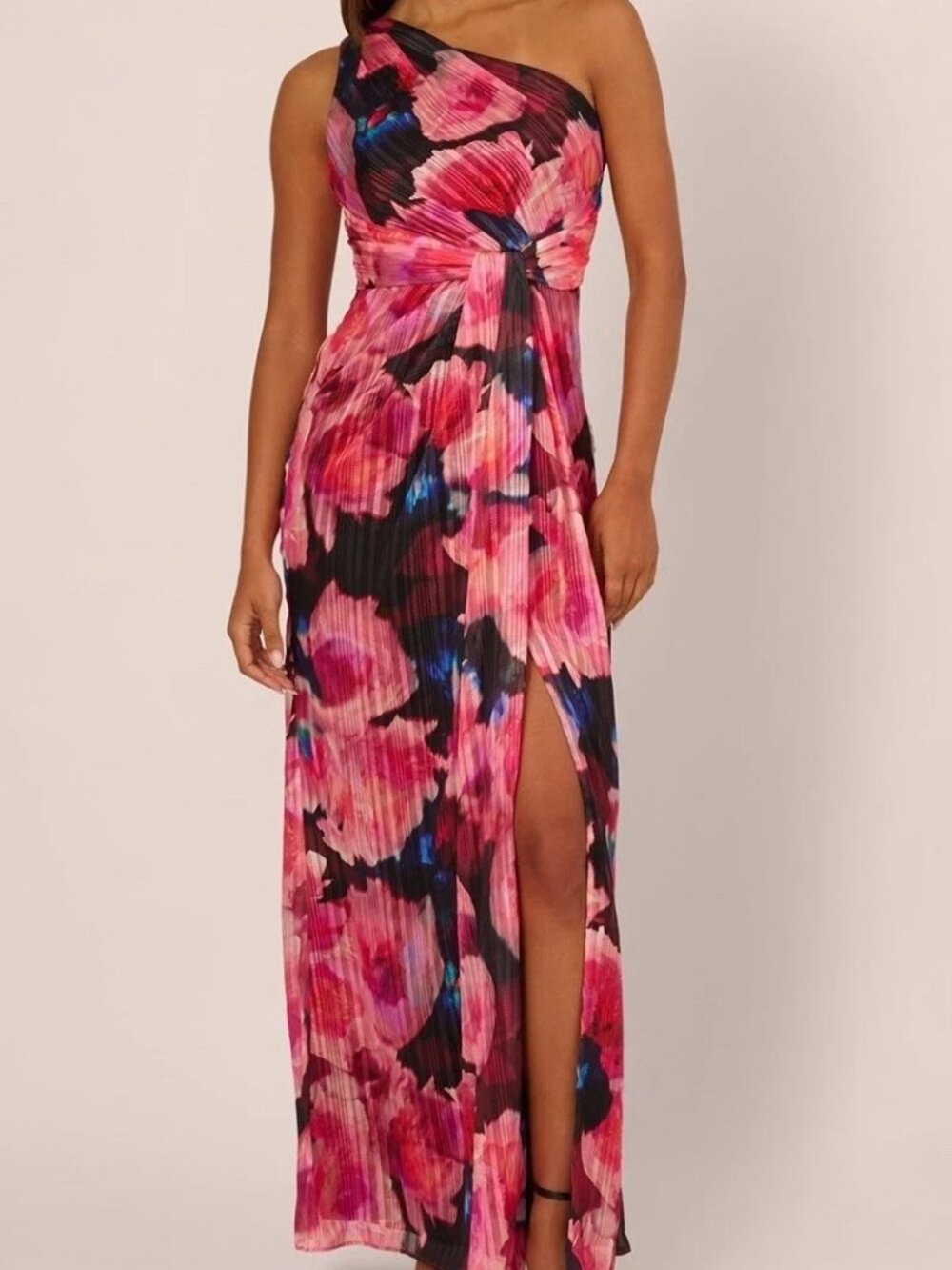 Adrianna Papell Black Berry One-Shoulder Chiffon Gown